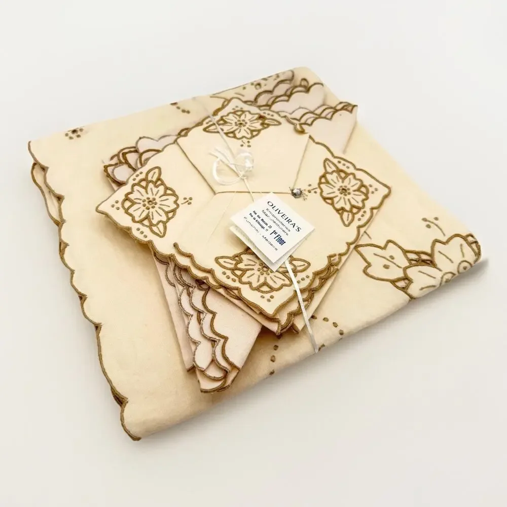 Vintage Madeira Linen Tablecloth & Napkin Set Cutwork Embroidery Portugal